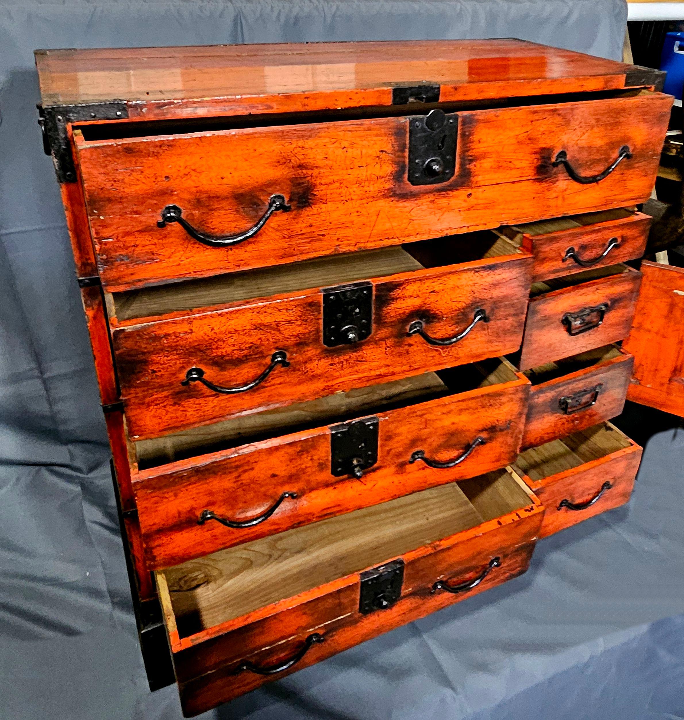 Antique Japanese Meiji Period Tansu Chest on Fitted Wood Stand For Sale 8
