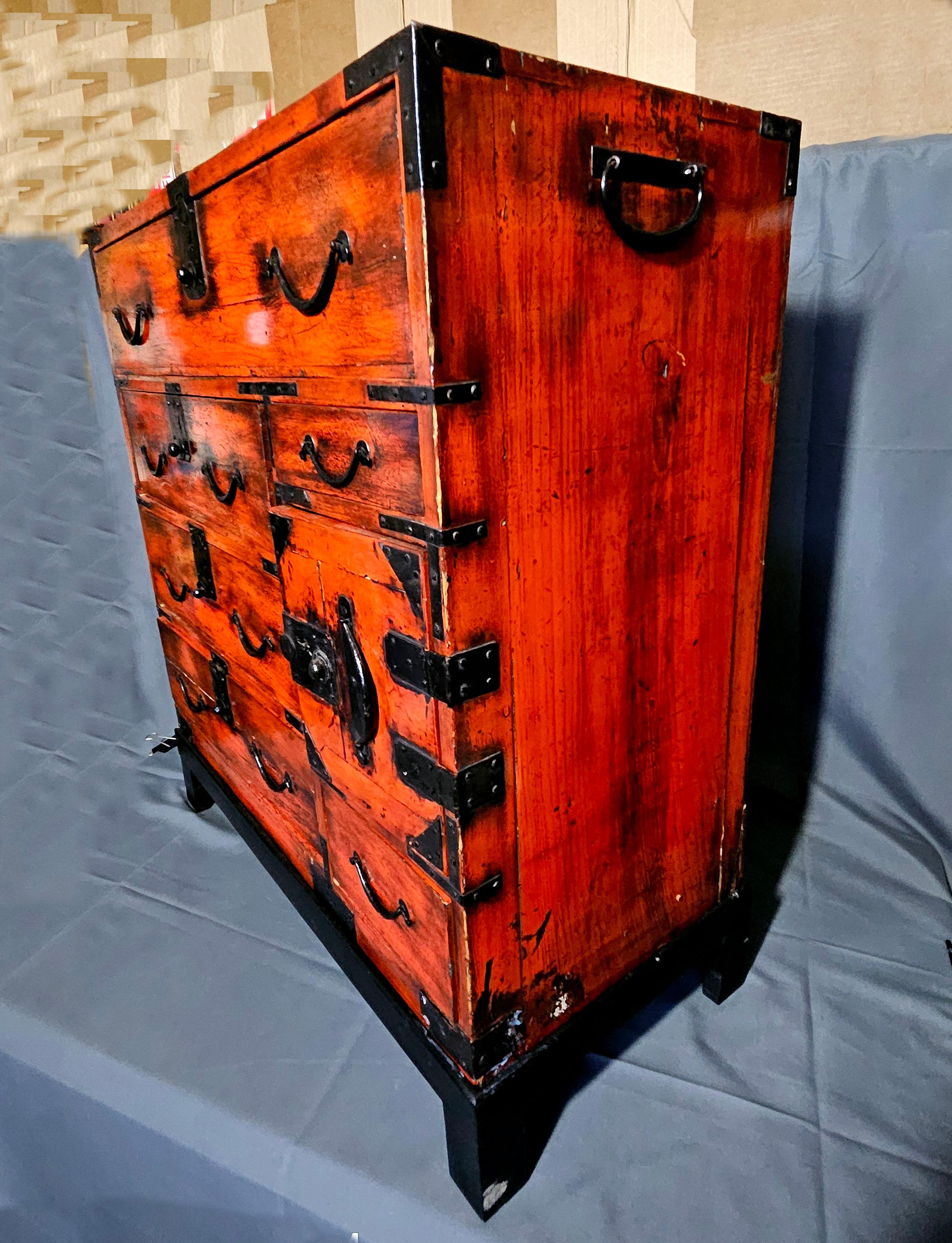 Antique Japanese Meiji Period Tansu Chest on Fitted Wood Stand In Good Condition For Sale In Norton, MA