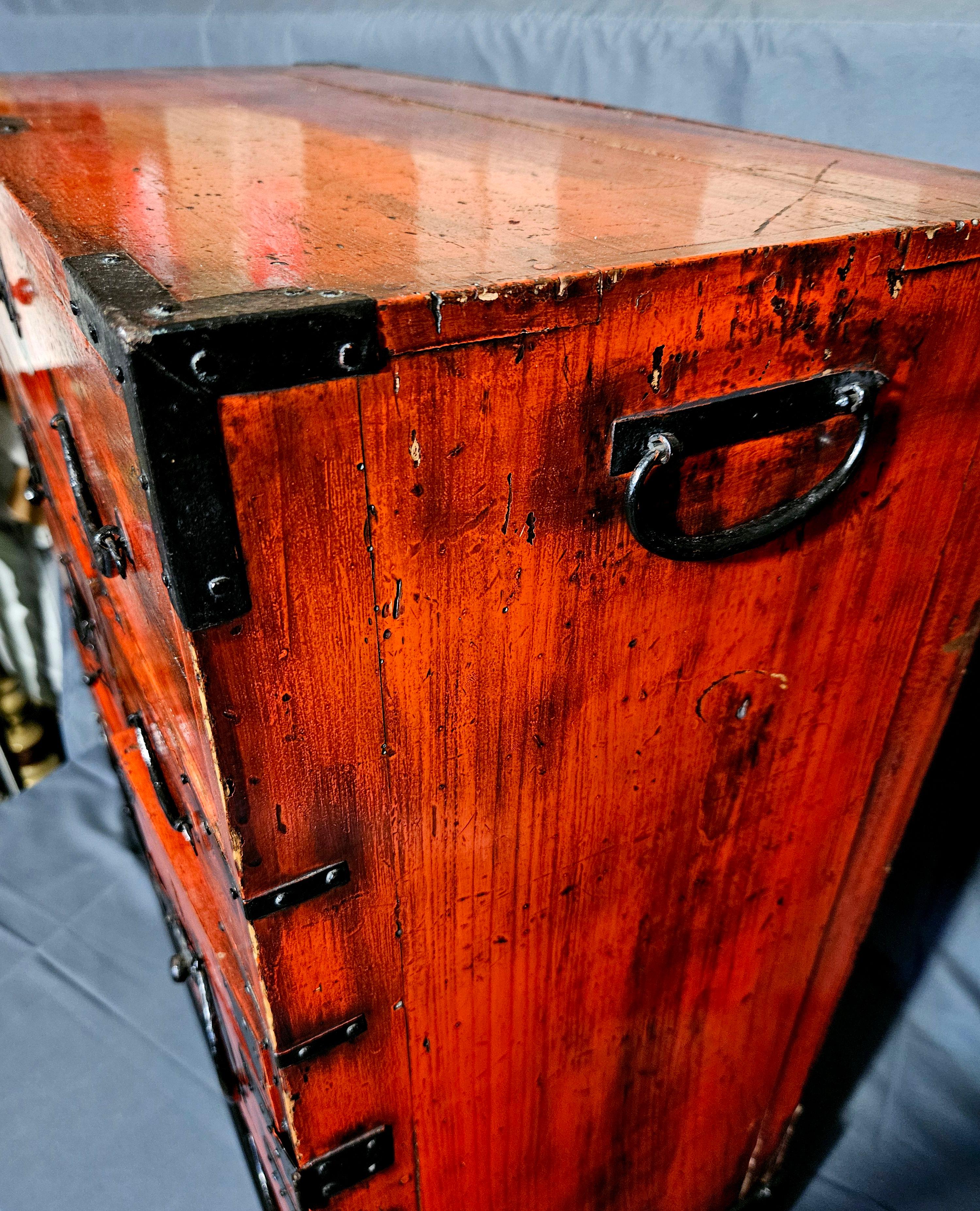 20th Century Antique Japanese Meiji Period Tansu Chest on Fitted Wood Stand For Sale