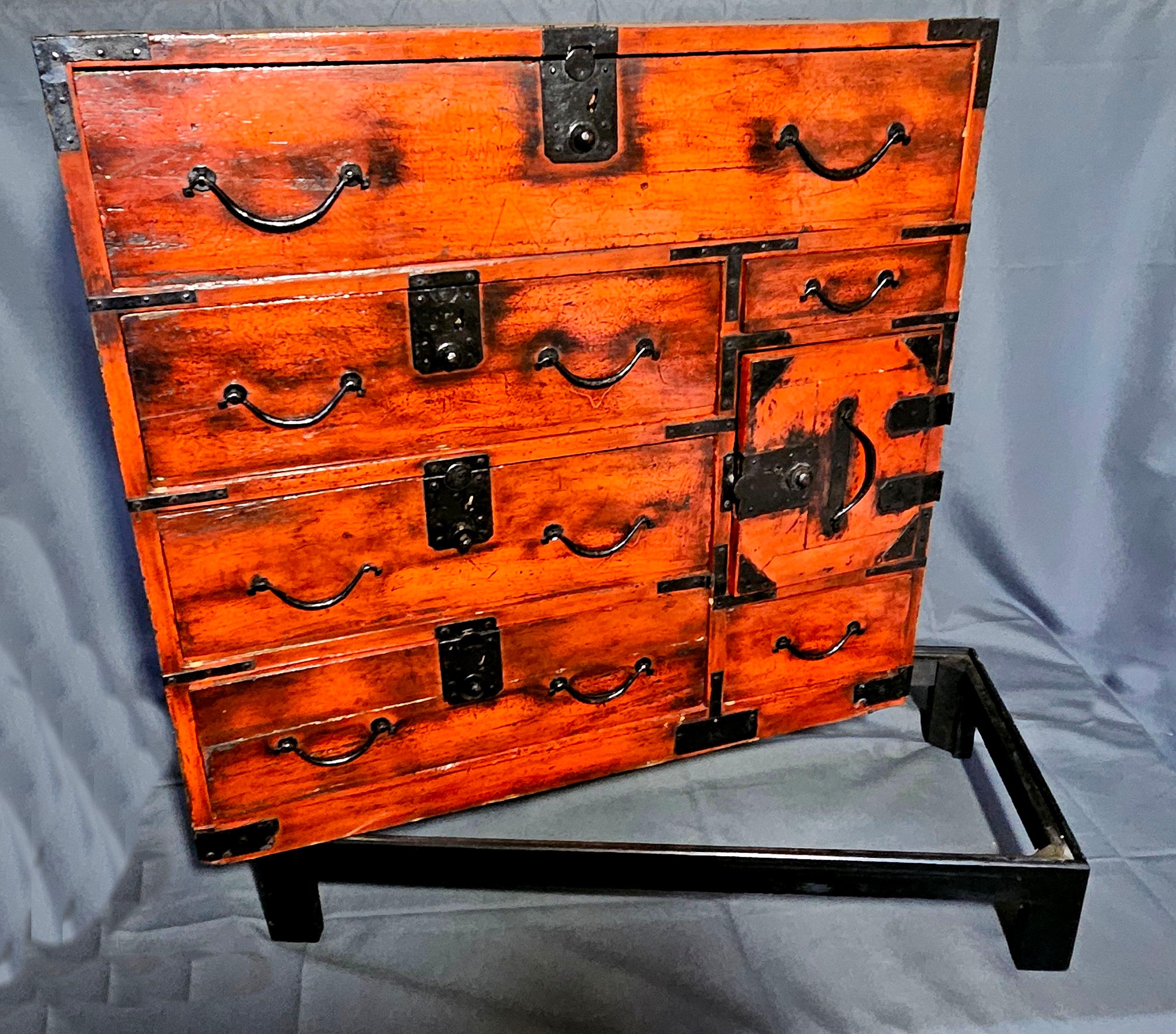 Antique Japanese Meiji Period Tansu Chest on Fitted Wood Stand For Sale 4