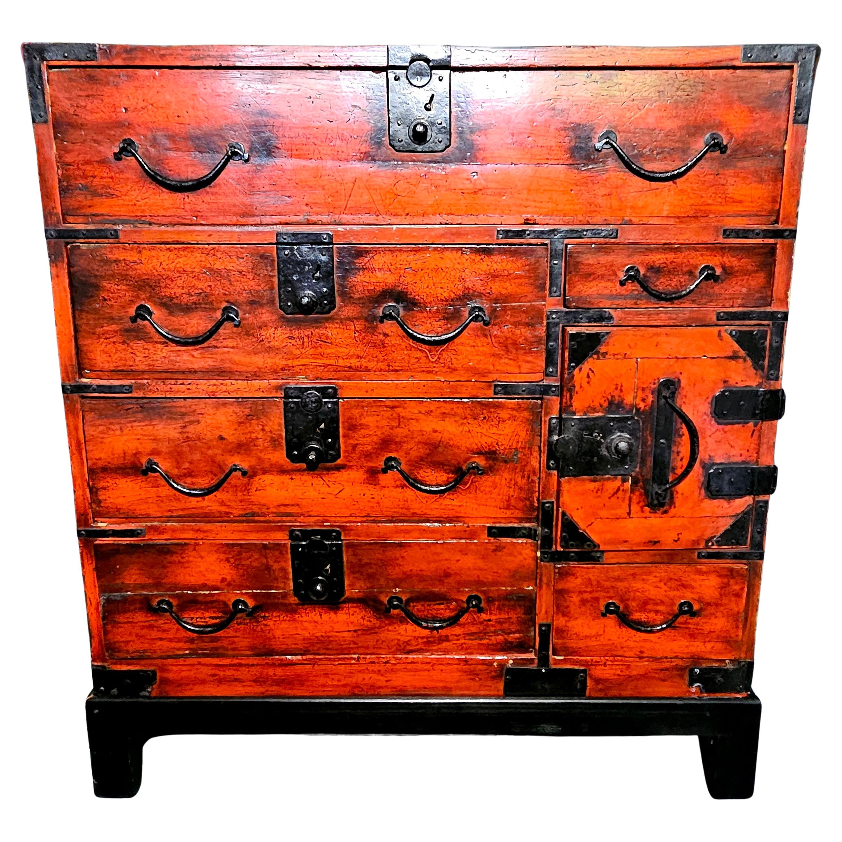 Antique Japanese Meiji Period Tansu Chest on Fitted Wood Stand For Sale