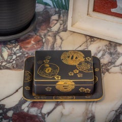 Antique Japanese Meiji Period Tsuba Decorated Box and Dish by Fujii Yoshitoyo