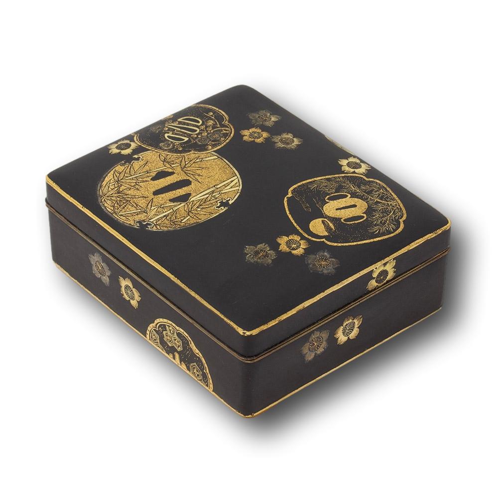 Antique Japanese Meiji Period Tsuba Decorated Box and Dish by Fujii Yoshitoyo For Sale 1