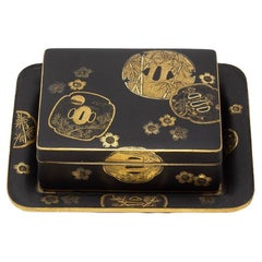 Antique Japanese Meiji Period Tsuba Decorated Box and Dish by Fujii Yoshitoyo
