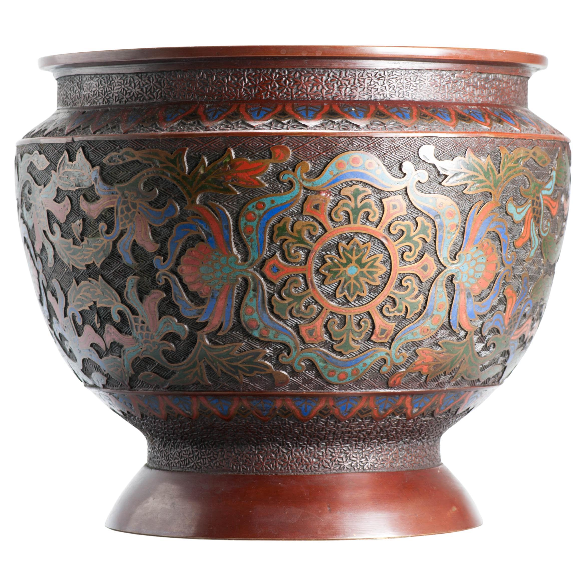 Antique Japanese Meiji Periof Bronze / Copper Cloisonné Jardiniere Japan Art