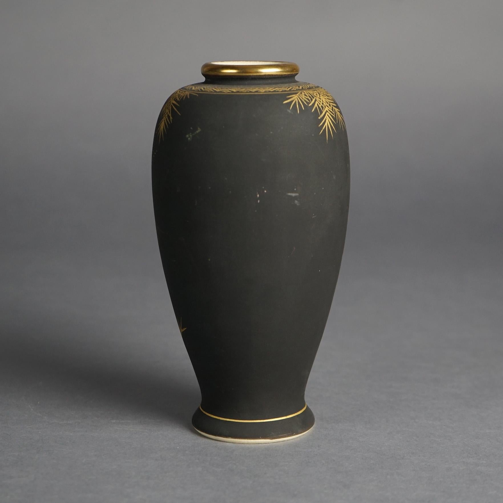 Asian Antique Japanese Meiji Satsuma Gilt Porcelain Vase with Pagoda & Mt Fugi C1910 For Sale
