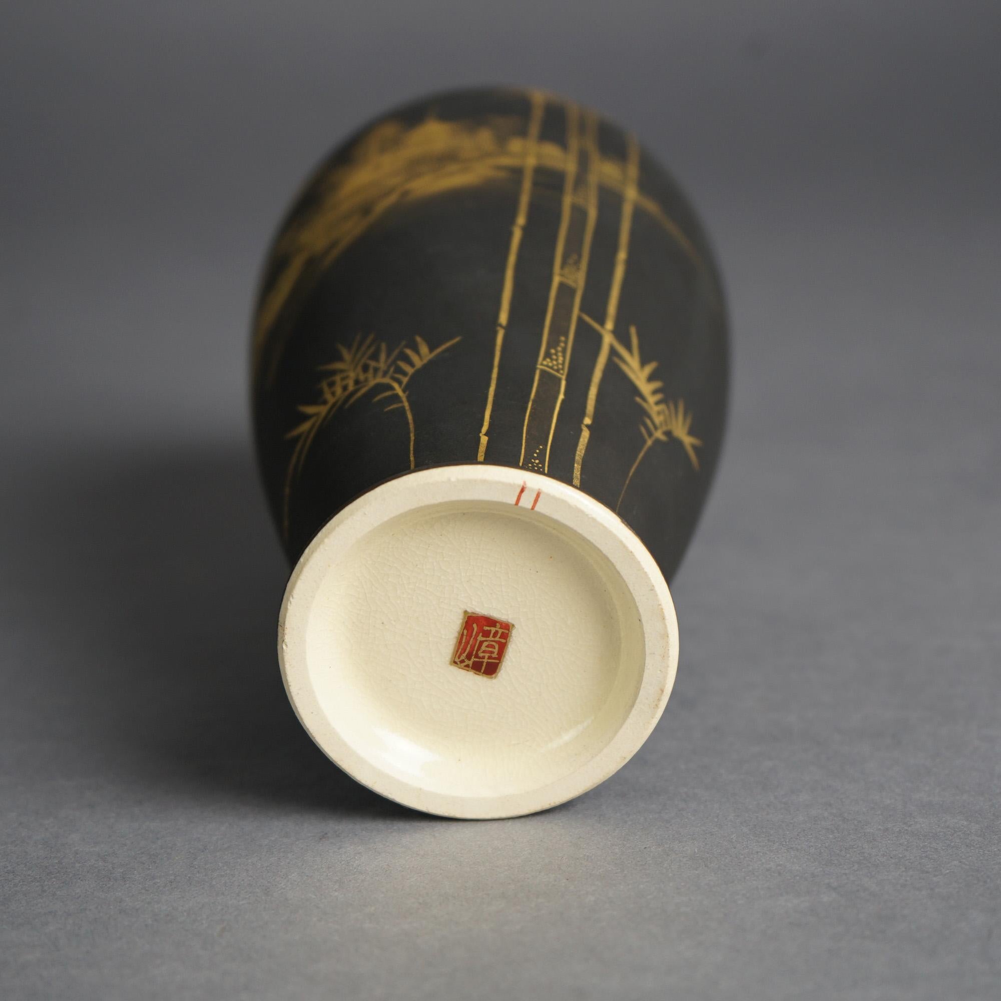Antique Japanese Meiji Satsuma Gilt Porcelain Vase with Pagoda & Mt Fugi C1910 In Good Condition For Sale In Big Flats, NY