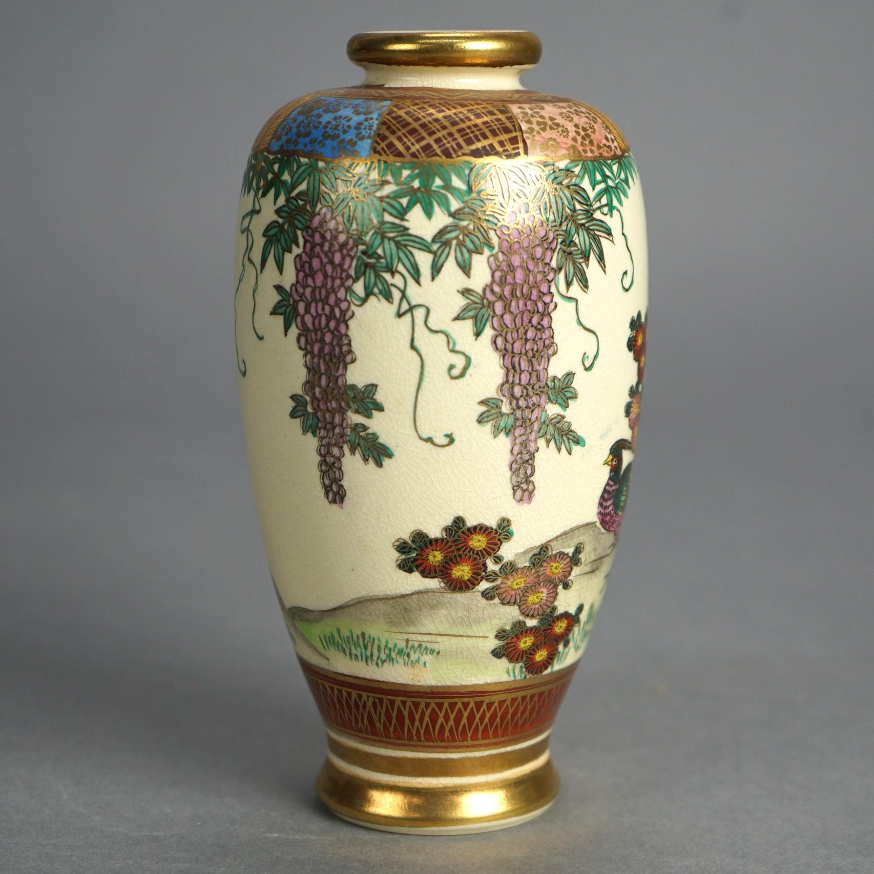 Antique Japanese Meiji Satsuma Porcelain Vase, Garden Scene & Pheasant, C1910 In Good Condition For Sale In Big Flats, NY