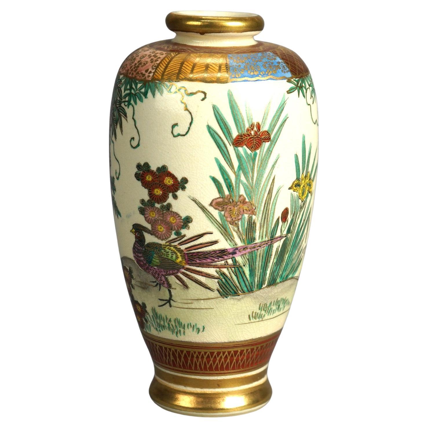 Antique Japanese Meiji Satsuma Porcelain Vase, Garden Scene & Pheasant, C1910 For Sale
