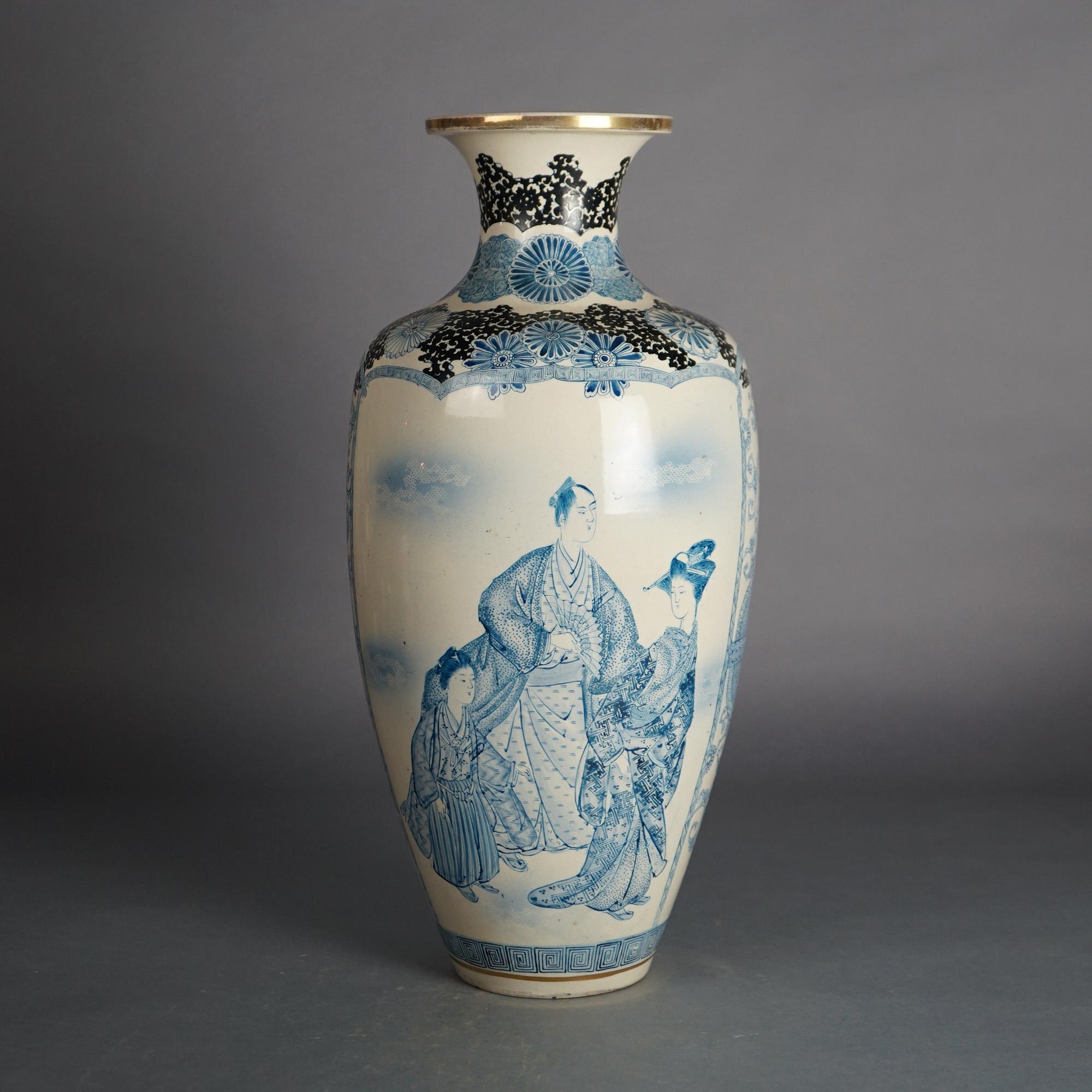 Antique Japanese Meiji Satsuma Blue & White Pottery Floor Vase with Genre Scene and Flowers, Signed on Base, C1910

Measures - 12