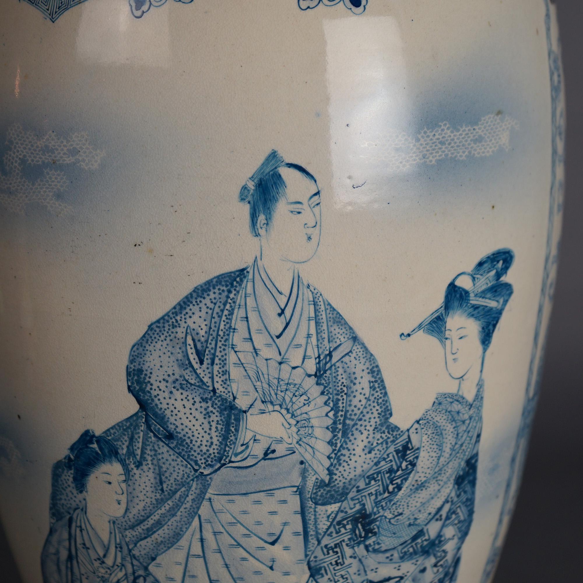 Asian Antique Japanese Meiji Satsuma Pottery Floor Vase, Genre Scene & Signed, C1910