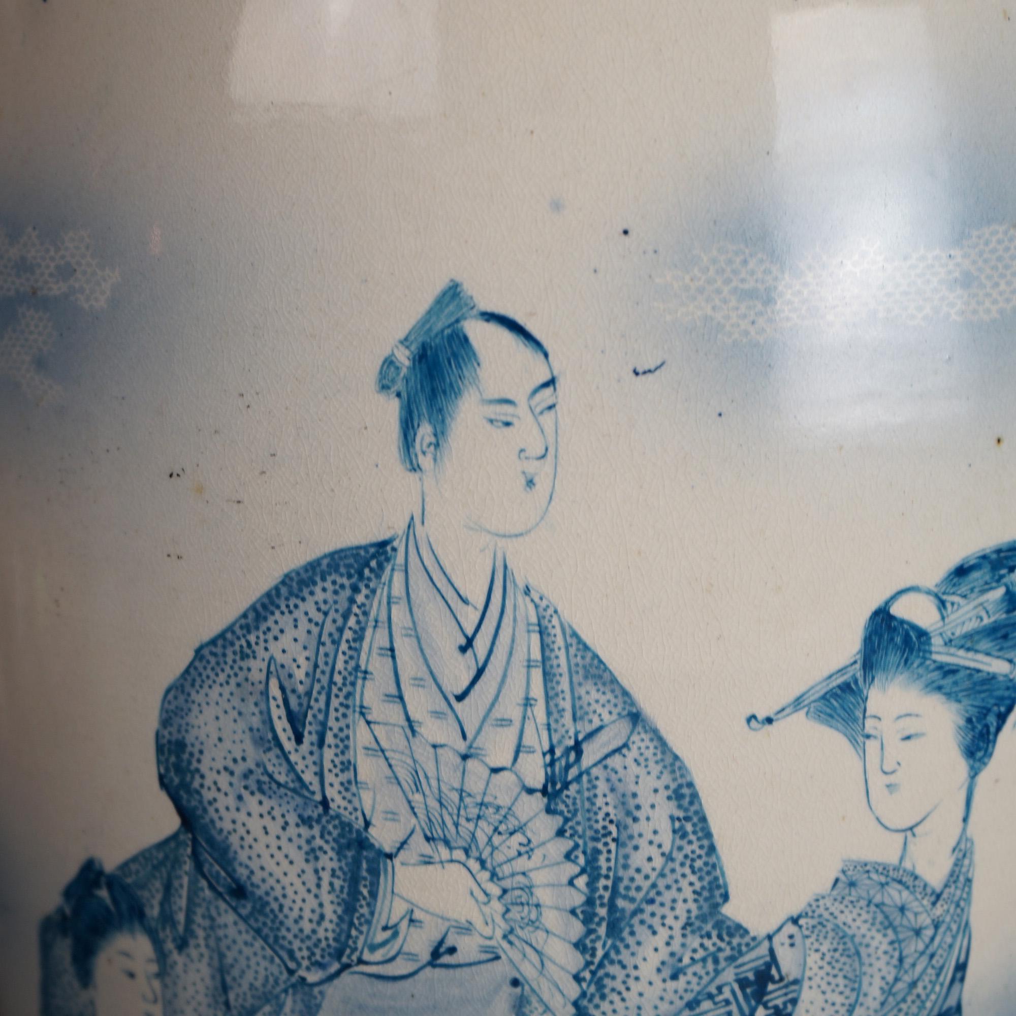 Antique Japanese Meiji Satsuma Pottery Floor Vase, Genre Scene & Signed, C1910 In Good Condition In Big Flats, NY