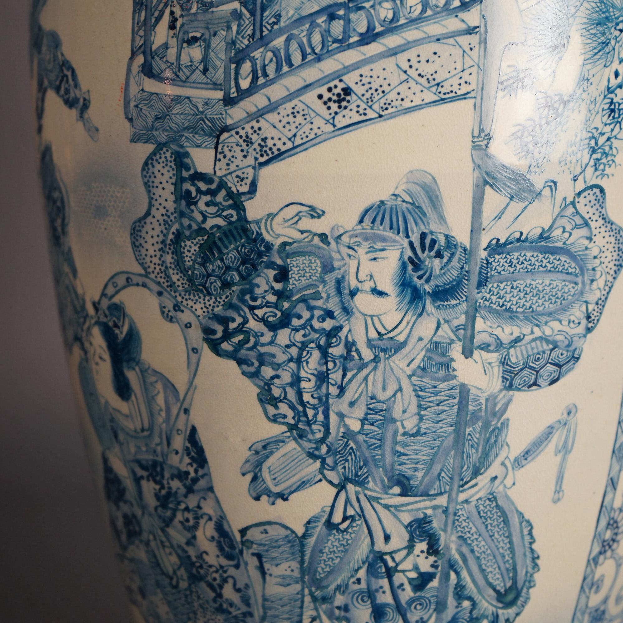 Antique Japanese Meiji Satsuma Pottery Floor Vase, Genre Scene & Signed, C1910 1