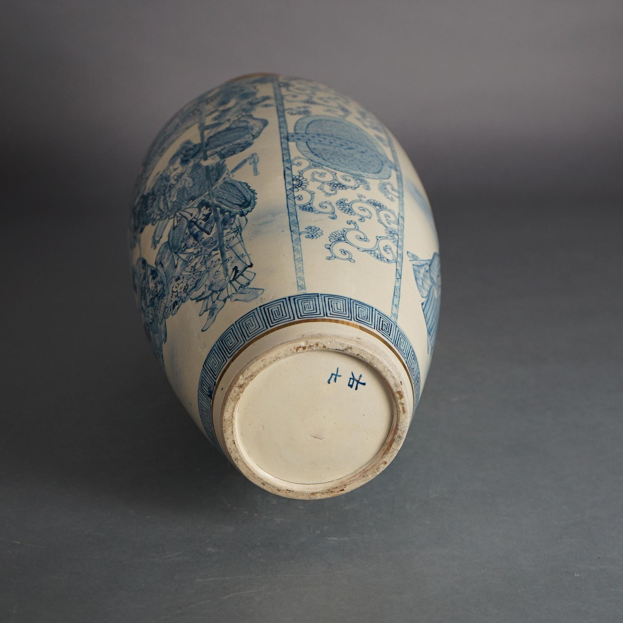 Antique Japanese Meiji Satsuma Pottery Floor Vase, Genre Scene & Signed, C1910 3