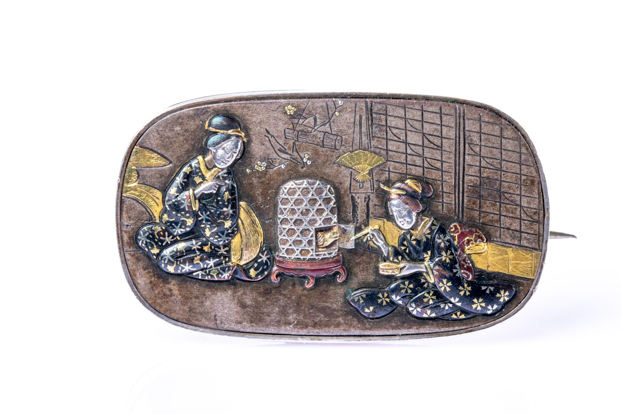Women's or Men's Antique Japanese Meiji Shakudo Gold And Silver Brooch For Sale