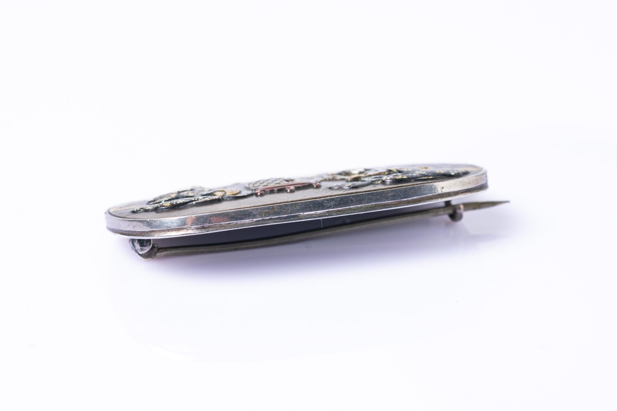 Antique Japanese Meiji Shakudo Gold And Silver Brooch For Sale 3