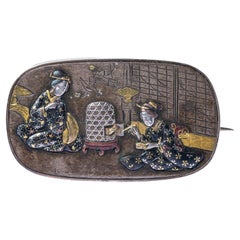Antike japanische Meiji Shakudo-Brosche aus Gold und Silber