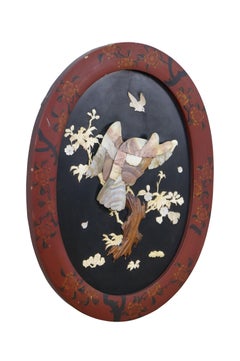 Antique Japanese Meiji Shibayama Lacquered Mother of Pearl Eagle Wall Plaque 21"