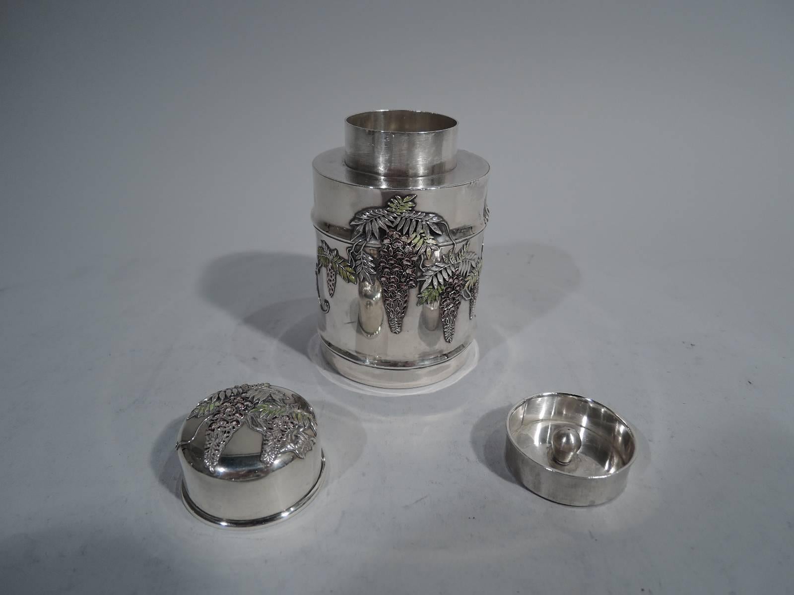 19th Century Antique Japanese Meiji Silver and Enamel Wisteria Tea Caddy