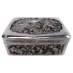 Antigua Caja Japonesa Meiji de Plata con Pájaros y Ramas en Flor