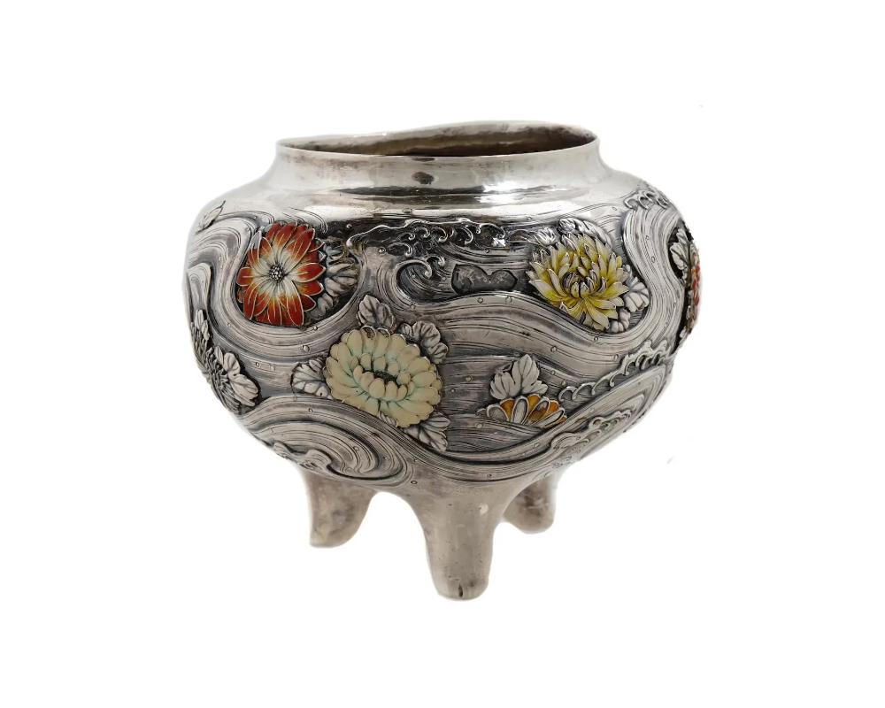 20th Century Antique Japanese Meiji Silver Chased Enamel Bowl