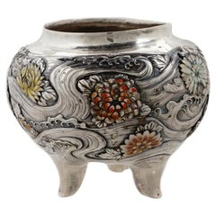 Antique Japanese Meiji Silver Chased Enamel Bowl