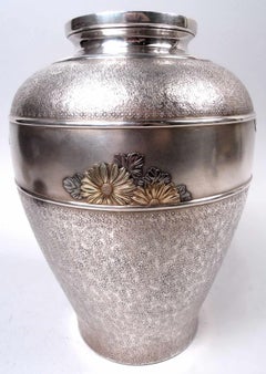 Antique Japanese Meiji Silver Daisy Vase with Applied Gold Flowers