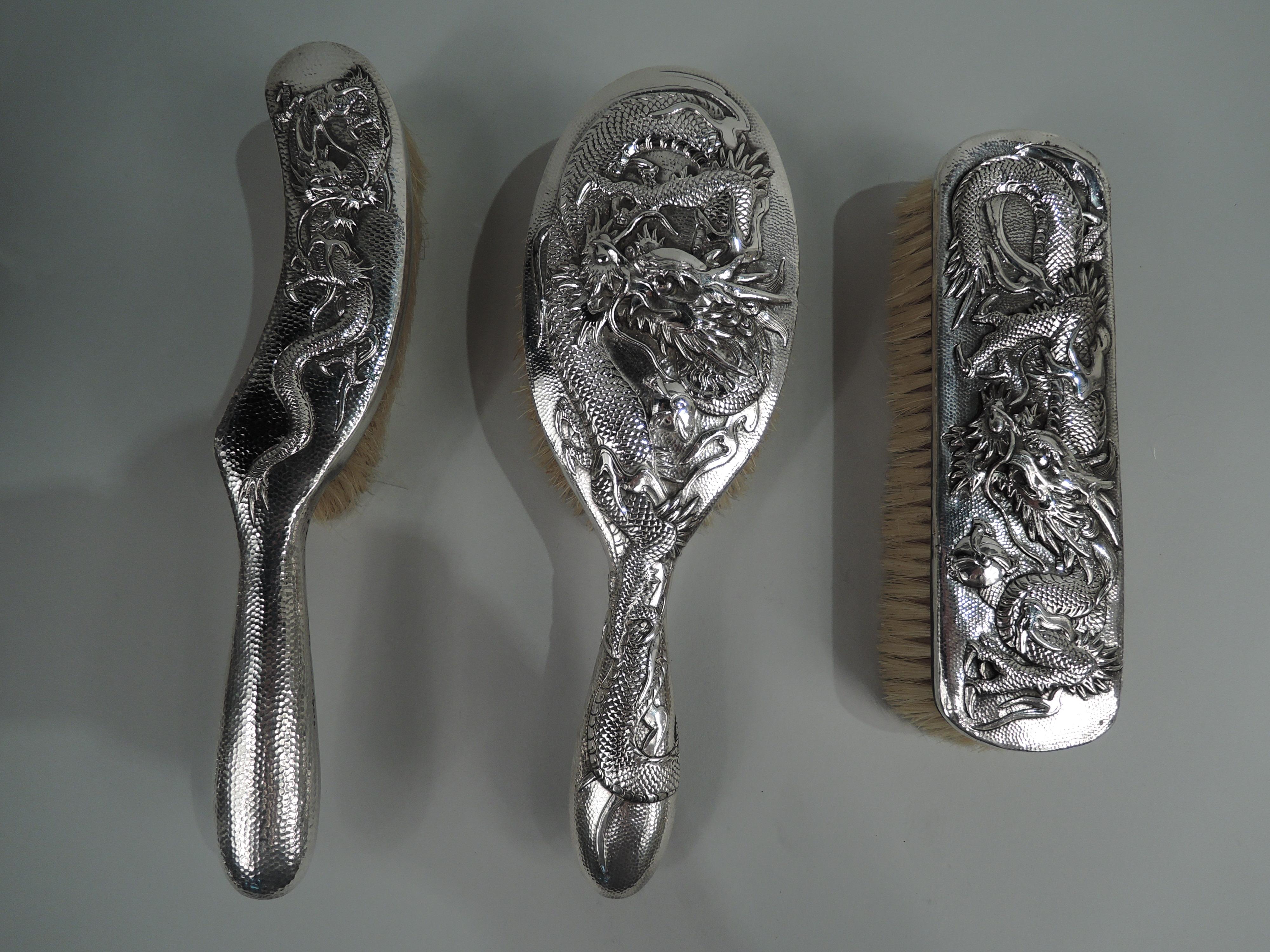 Antikes japanisches Meiji-Silber-Schminktischset mit Drachen 1
