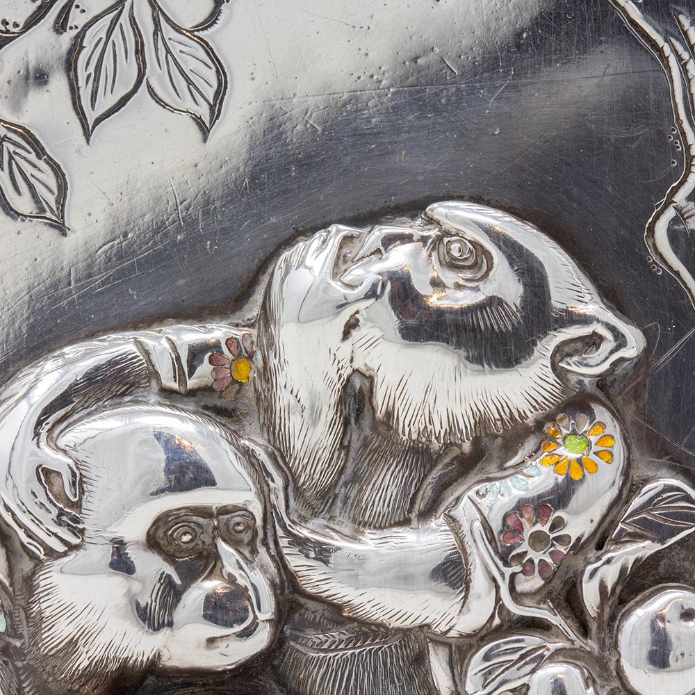 Antique Japanese Meiji Silver & Enamel Box Three Wise Monkeys Komyo, Uyeda For Sale 5