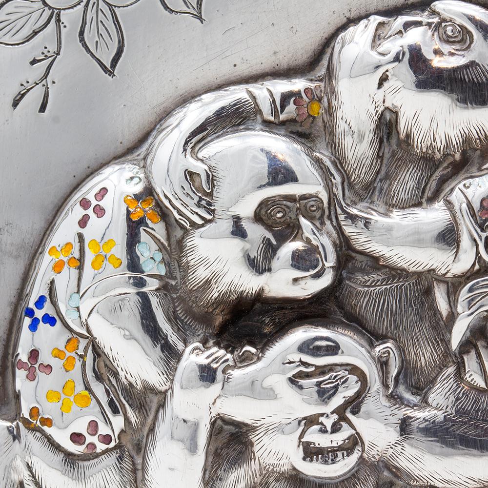 Antique Japanese Meiji Silver & Enamel Box Three Wise Monkeys Komyo, Uyeda For Sale 6