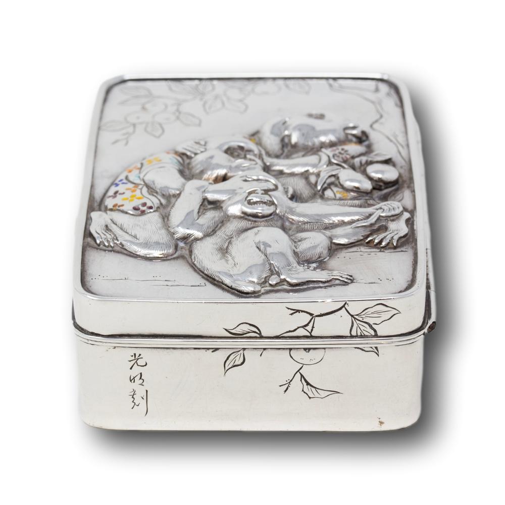 Antique Japanese Meiji Silver & Enamel Box Three Wise Monkeys Komyo, Uyeda For Sale 9