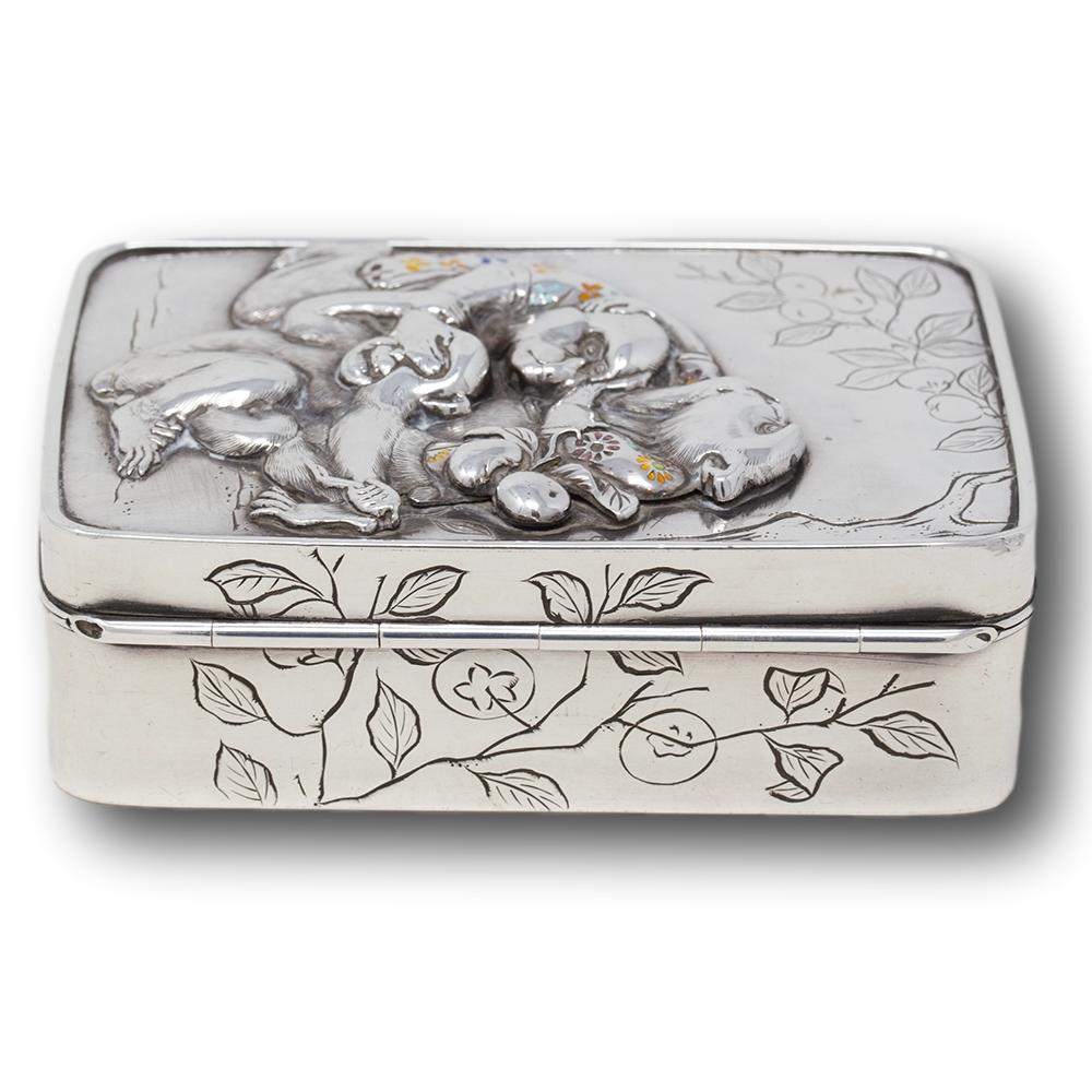 Antique Japanese Meiji Silver & Enamel Box Three Wise Monkeys Komyo, Uyeda For Sale 10