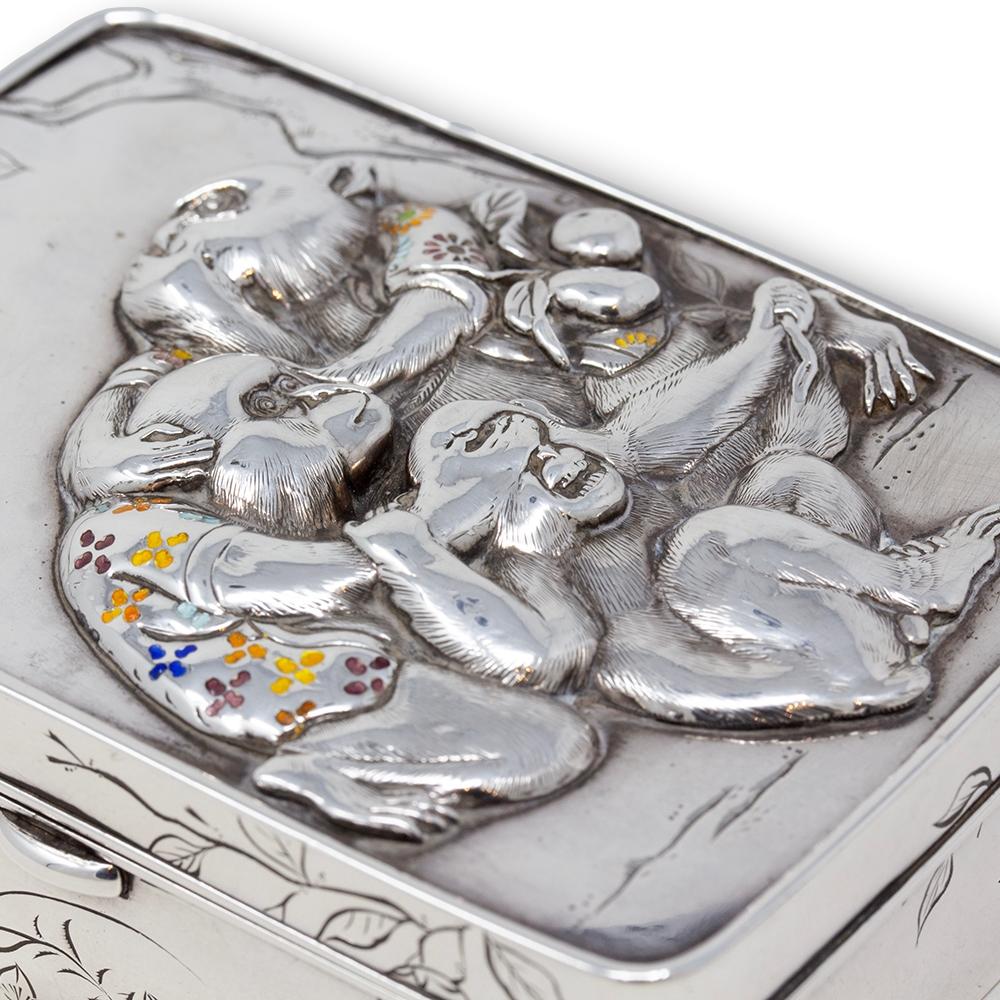 Antique Japanese Meiji Silver & Enamel Box Three Wise Monkeys Komyo, Uyeda For Sale 11