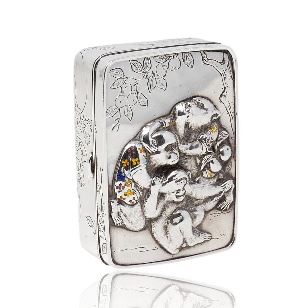 Antique Japanese Meiji Silver & Enamel Box Three Wise Monkeys Komyo, Uyeda In Good Condition For Sale In Newark, England