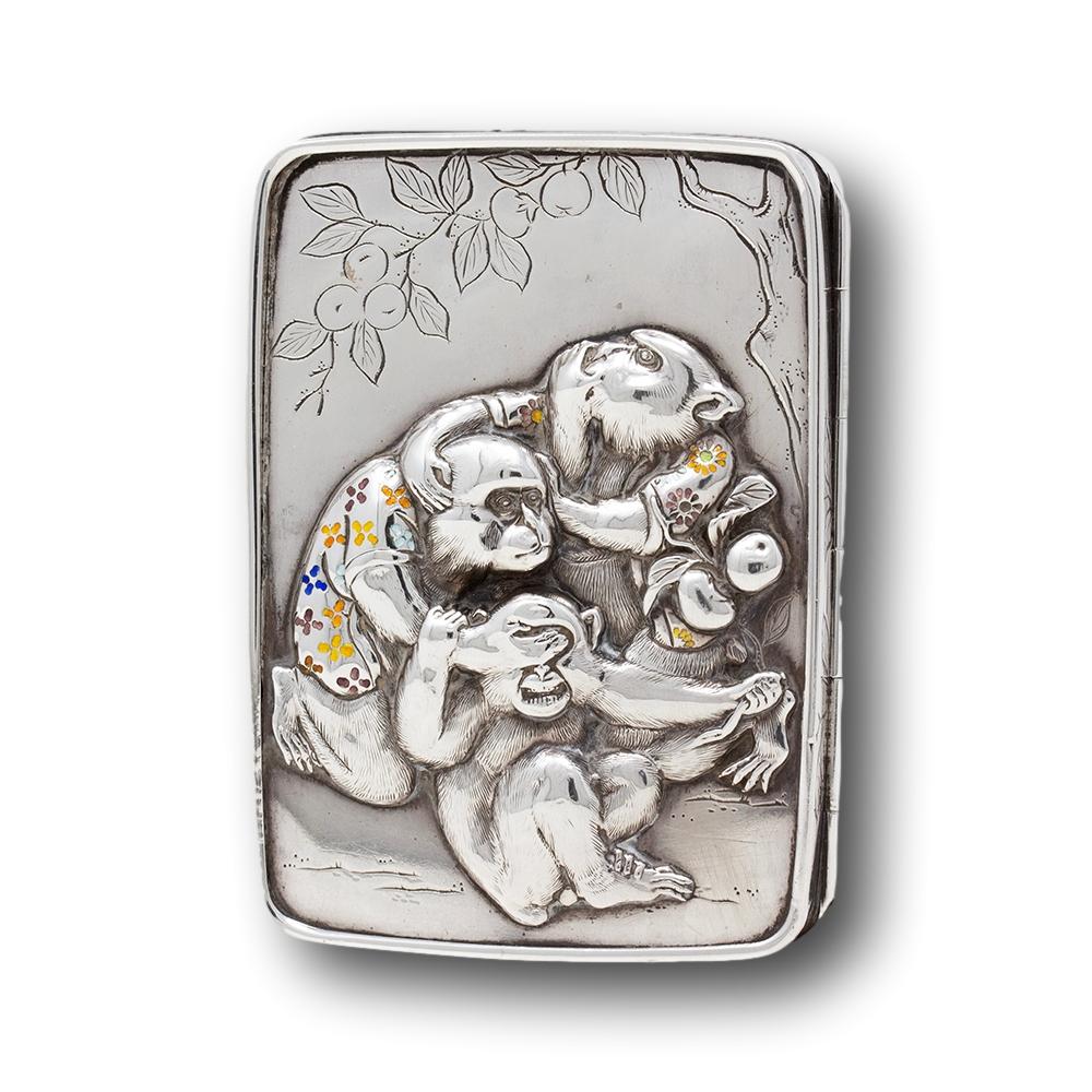 20th Century Antique Japanese Meiji Silver & Enamel Box Three Wise Monkeys Komyo, Uyeda For Sale
