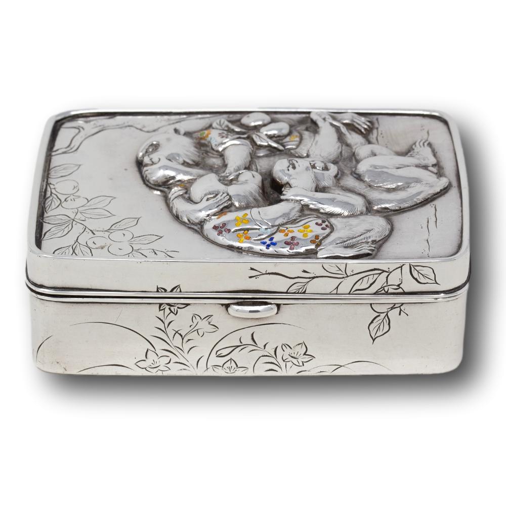 Antique Japanese Meiji Silver & Enamel Box Three Wise Monkeys Komyo, Uyeda For Sale 1
