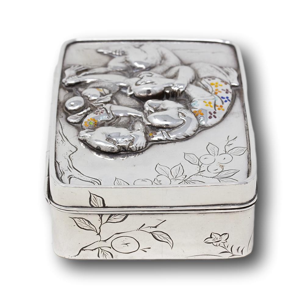Antique Japanese Meiji Silver & Enamel Box Three Wise Monkeys Komyo, Uyeda For Sale 2