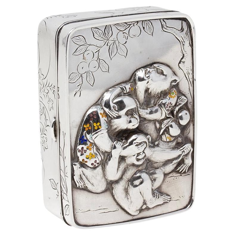 Antique Japanese Meiji Silver & Enamel Box Three Wise Monkeys Komyo, Uyeda For Sale