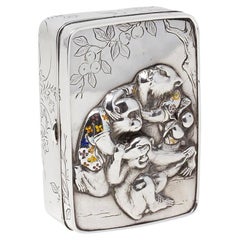 Antique Japanese Meiji Silver & Enamel Box Three Wise Monkeys Komyo, Uyeda