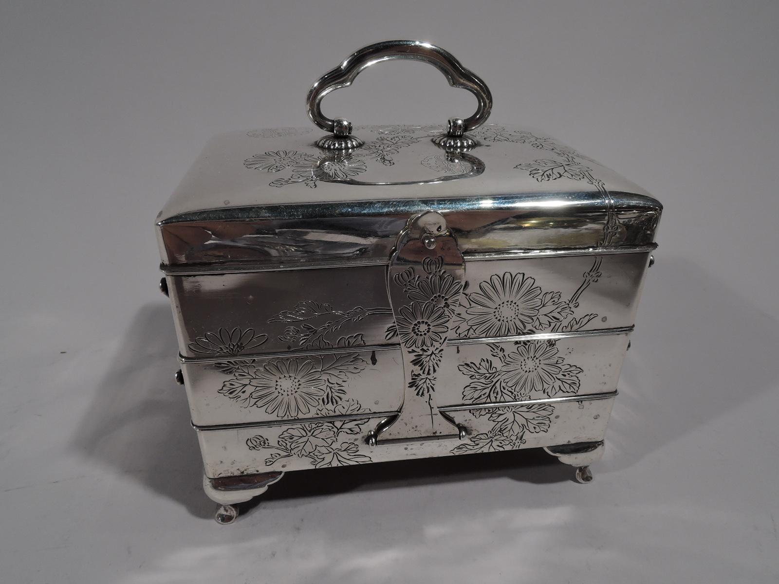Pretty and desirable Japanese silver jewelry box, circa 1920. Rectangular with four scalloped bracket supports at corners and two upward tapering supports mounted to back. Three hinged and stacked tiers, and hinged cover with loose-mounted bracket