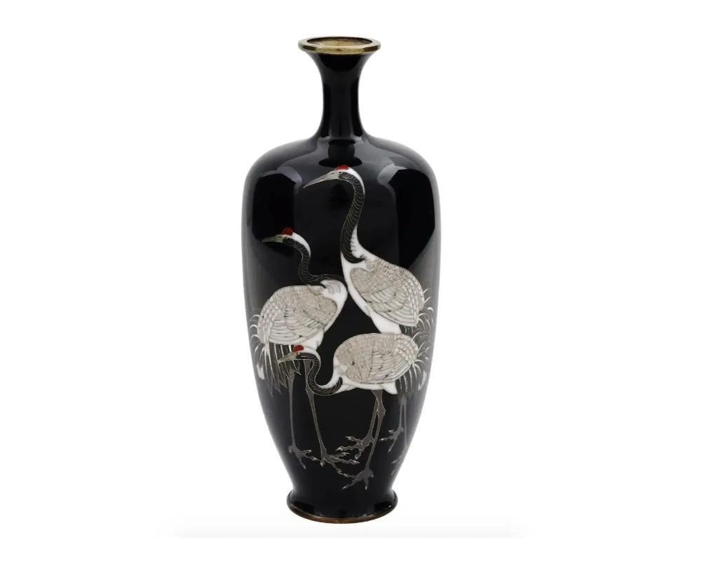 Vase japonais ancien en cuivre avec des motifs en émail cloisonné en fil d'argent. Fin de la période Meiji,

Vase allongé de forme hexagonale facettée.

L'œuvre représente des grues sur un fond noir.

Collectional Antiques Oriental Home Decor
