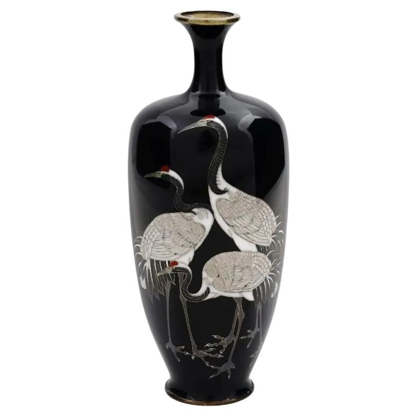 Antique Meiji Japanese Cloisonne Enamel Silver Wire Crane Vase For Sale