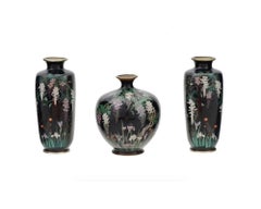 Rare 3 Piece Set of Antique Meiji Japanese Cloisonne Enamel Silver Wire Vases wi