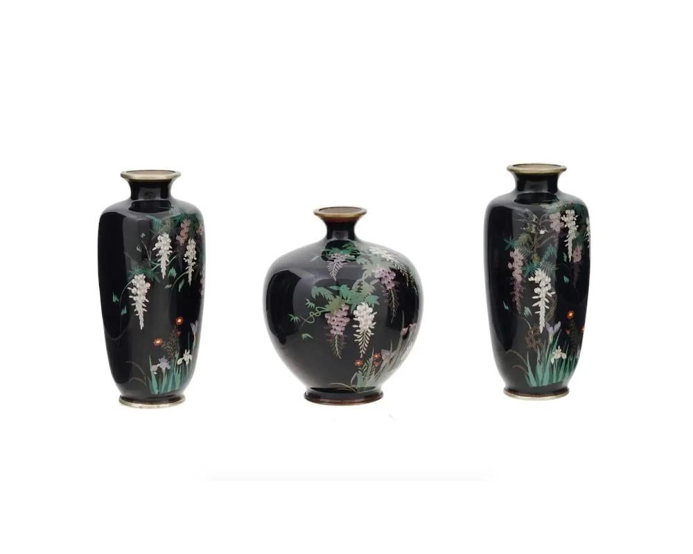 Cloissoné Rare 3 Piece Set of Antique Meiji Japanese Cloisonne Enamel Silver Wire Vases wi For Sale