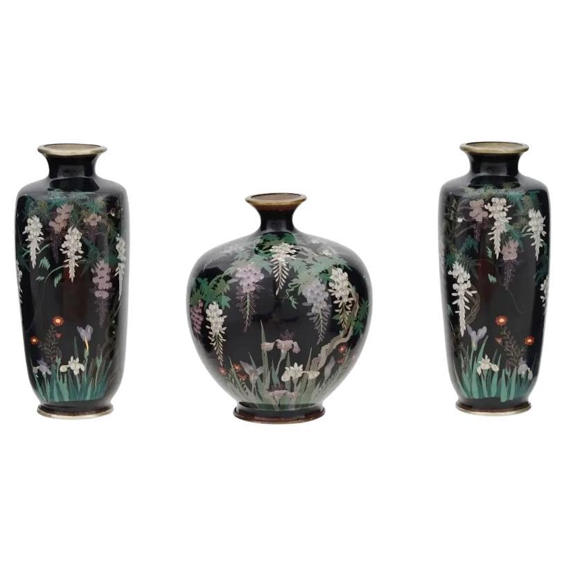 Rare 3 Piece Set of Antique Meiji Japanese Cloisonne Enamel Silver Wire Vases wi For Sale