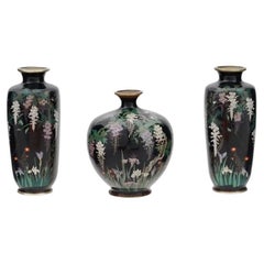 Rare 3 Piece Set of Antique Meiji Japanese Cloisonne Enamel Silver Wire Vases wi
