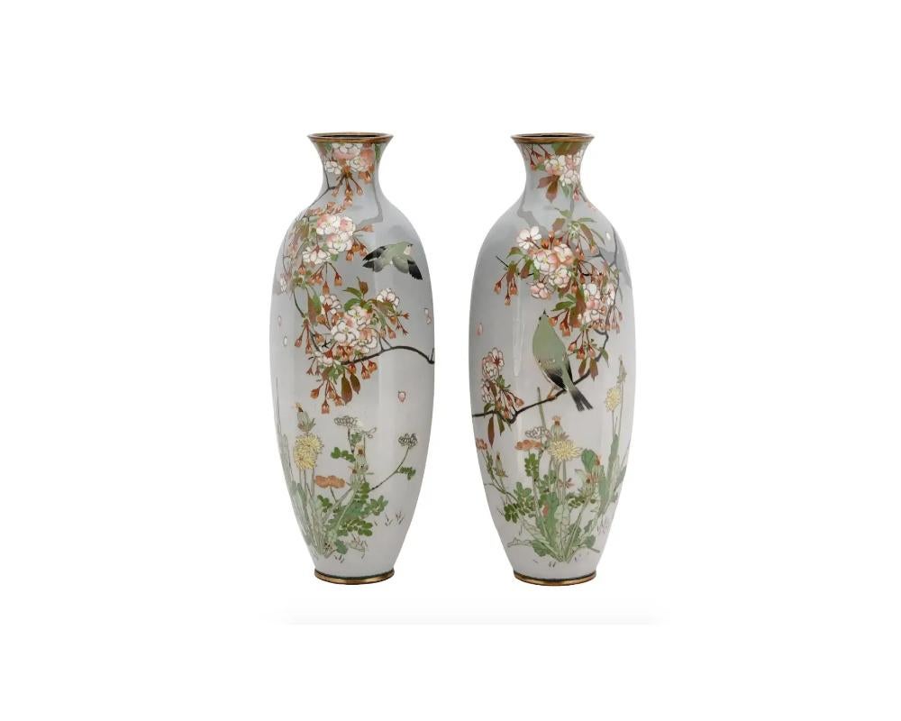 These exquisite antique Japanese Meiji period vases exhibit a captivating visual allure. Their grey ground serves as the backdrop for an enchanting tableau meticulously crafted with silver wire and colored enamels. Delicately painted, the vases