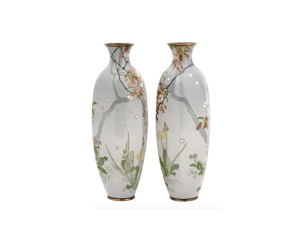 Meiji A Pair of High Quality Antique Japanese Cloisonne Silver Wire Enamel Vases with  For Sale