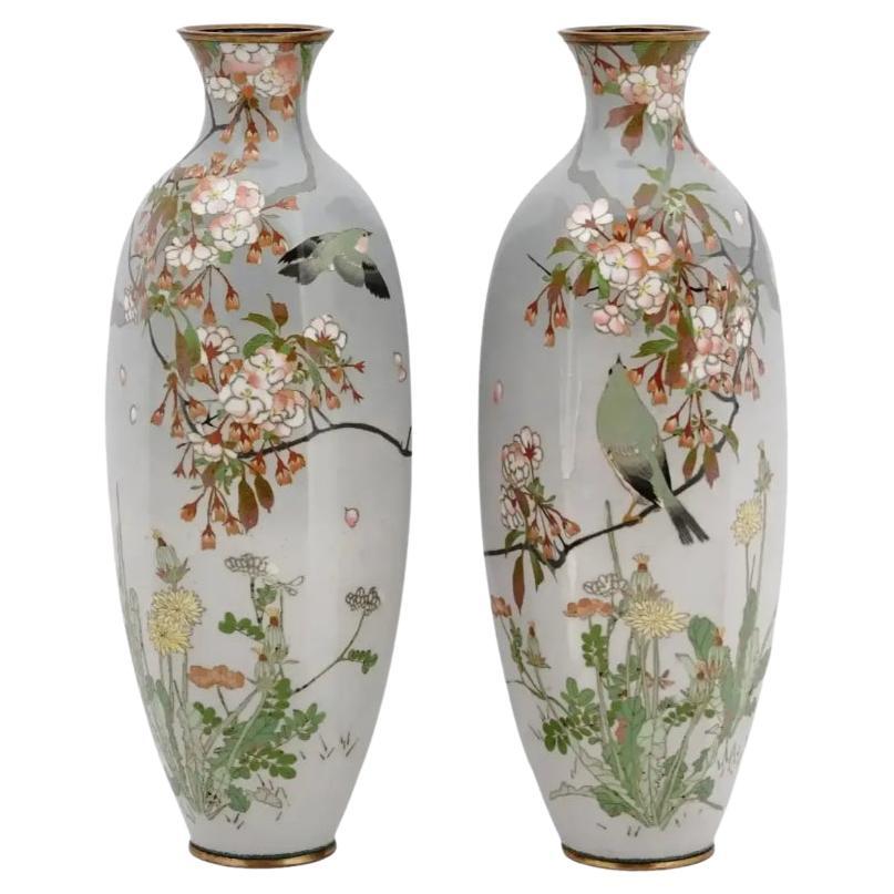 A Pair of High Quality Antique Japanese Cloisonne Silver Wire Enamel Vases with  For Sale