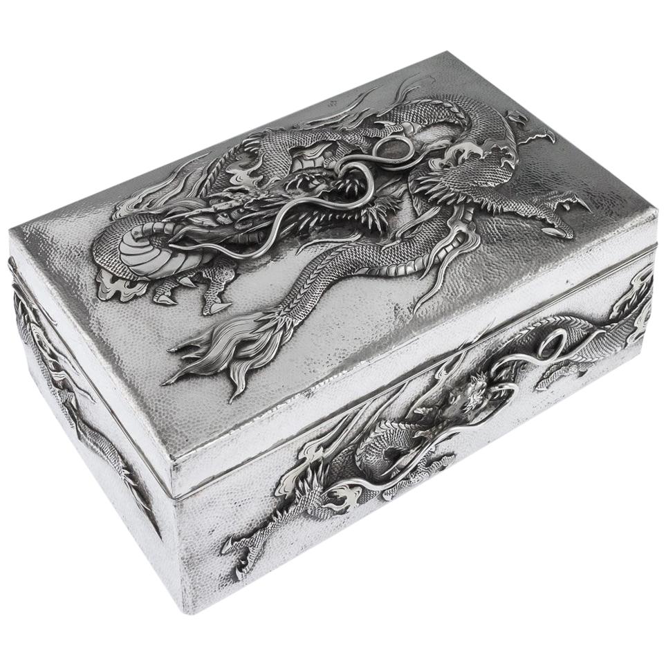 Antique Japanese Meiji Solid Silver Dragon Box, Samurai Shokai, circa 1900